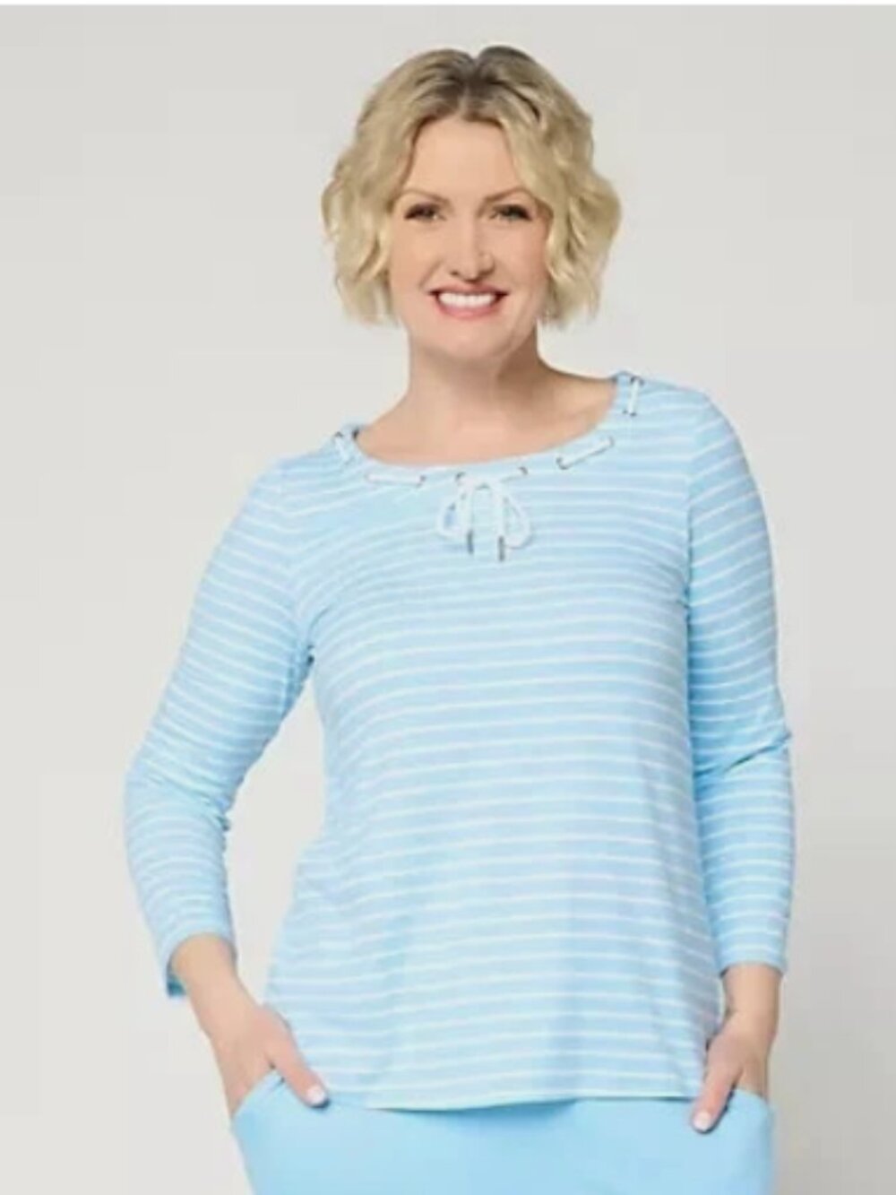 Cuddl Duds Flexwear 3/4 Sleeve Tee w/Drawcord Detail-Blue Stripe-1X-NEW-A716263